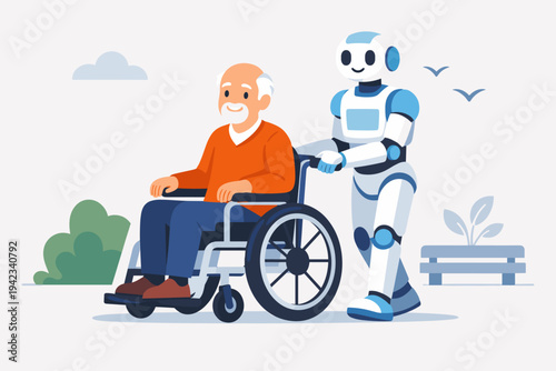 Flat vector illustration of a friendly robot assisting a senior man in a wheelchair outdoors. Concept of artificial intelligence in healthcare, elderly care, and futuristic assistive technology.