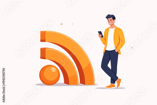 Man standing next to a large 3D orange RSS feed icon while using a smartphone. Flat vector illustration for digital news subscription, content updates, blog syndication, and modern technology.
