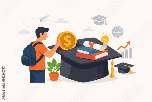 Flat vector illustration of a young man putting a dollar coin into a giant graduation cap, representing investment in education, tuition fees, student loans, and saving for college success.