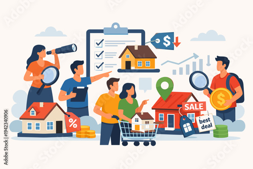Flat vector illustration of people searching for the best real estate deals. Home buyers and investors analyzing property market with magnifying glasses, houses with sale tags, and price charts.