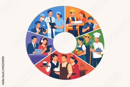 Flat vector illustration of a circular pie chart featuring diverse professional occupations including healthcare, construction, agriculture, business, and hospitality for labor market concepts.