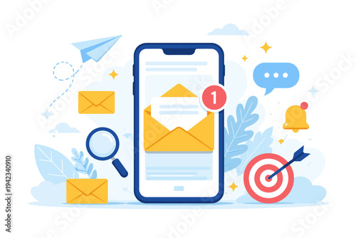 Smartphone showing an email notification with an open envelope. Flat vector illustration for digital marketing, mobile communication, newsletter subscription, and business messaging services.