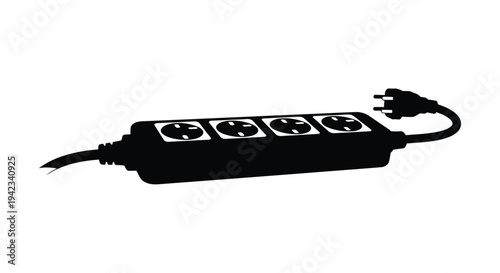 Black and white silhouette of a power strip with multiple outlets and a cord