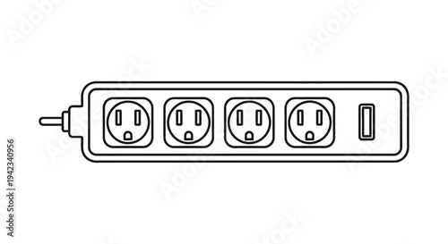 Line drawing of a power strip with six outlets and a power cord