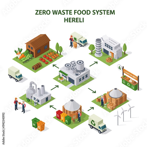 An isometric illustration depicting a zero-waste food system in Hereli, showcasing various stages from farm to processing and recycling.