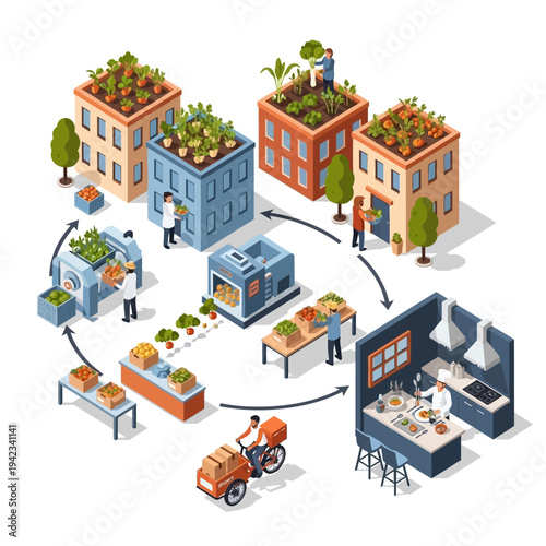 Urban farming cycle: rooftop gardens, processing, distribution, and delivery to kitchens, illustrating sustainable city food production.