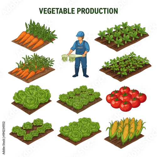 Isometric illustration showcasing various vegetable crops being cultivated in neat rows on fertile farmland, with a farmer tending to seedlings.