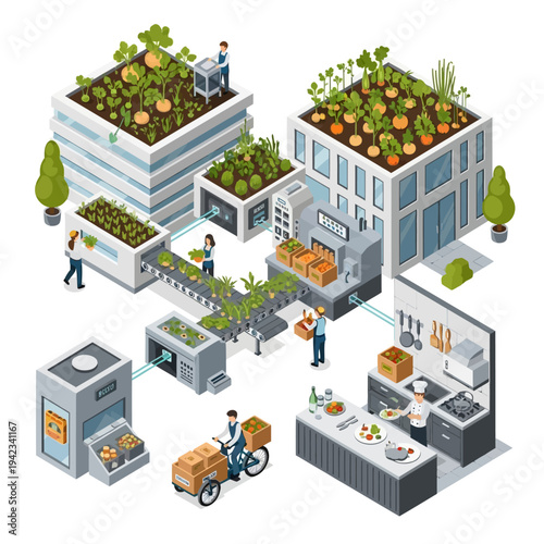 An isometric illustration depicting a futuristic urban farming system, showcasing vertical farms, automated harvesting, processing, and delivery of fresh produce to a restaurant.