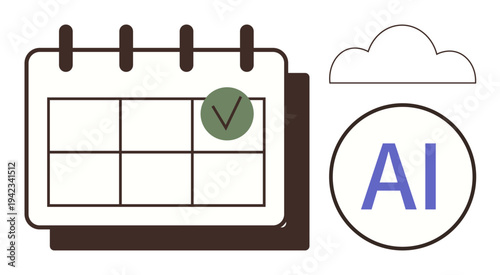 Artificial intelligence, productivity, cloud computing, task management, automation, scheduling. Calendar grid with a checkmark. AI and productivity optimization concept for planning and automation