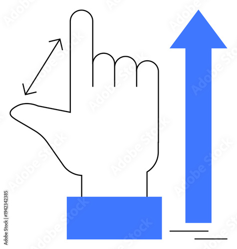 Measurement, navigation, instruction, direction, growth, user interface. A hand gesture with a measurement indication alongside an upward arrow. Measurement and navigation concept
