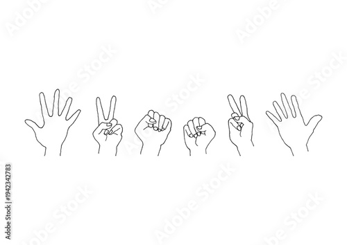 グーチョキパーの形をした手のゆるい手描きの線画イラストセット