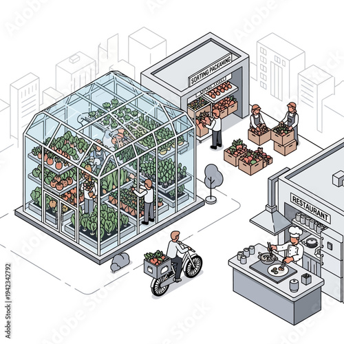 Isometric illustration of an urban vertical farm ecosystem with greenhouse, grocery store, restaurant, and food delivery in a city.