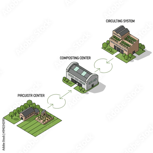 Diagram illustrating a three-stage circular system for resource management, connecting a production center, a composting facility, and a circulating system building.