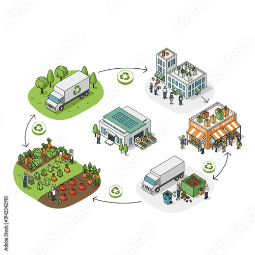 Circular economy illustration showing sustainable food production, distribution, consumption, and waste management.