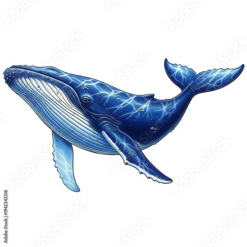 Blue whale illustration for ocean and marine life designs, isolated on white background