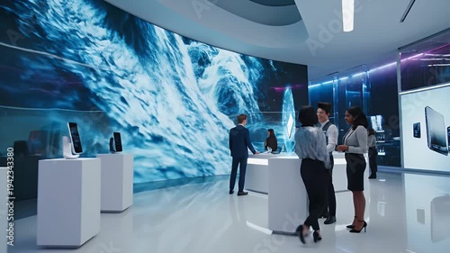 Futuristic Retail Experience with Digital Displays - This video depicts a bright, modern retail store with digital displays showing abstract water patterns.