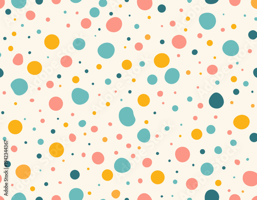 北欧風の手描きドットパターン背景、くすみパステルカラーの不揃いな水玉模様、シームレスな素材