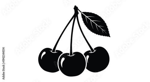 A black and white illustration of three cherries with stems and leaves