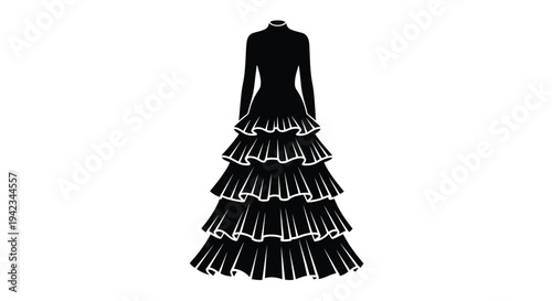 Elegant black silhouette of a long ruffled evening gown on white