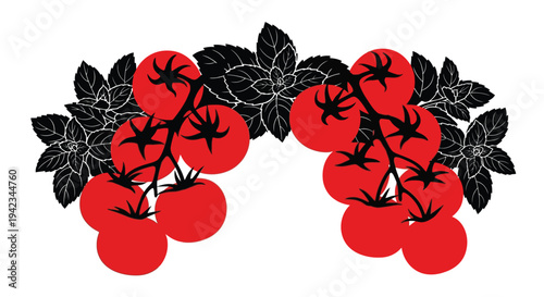 A vibrant illustration of red tomatoes and dark green foliage