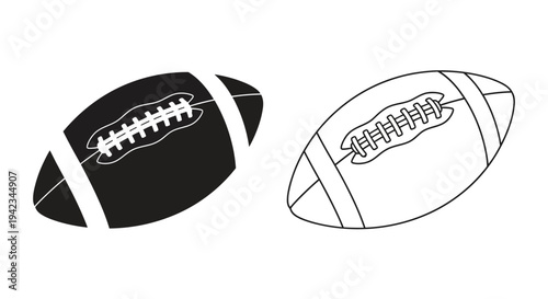 Two american footballs one black and one white depicted in a linear style