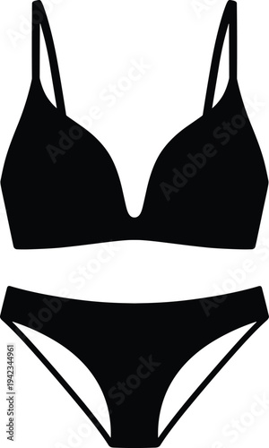 Women bikini lingerie silhouette vector, bra and panties underwear set, feminine fashion swimwear apparel icon isolated on white background
