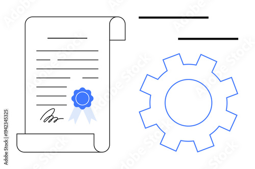 Signed document with certification seal beside gear illustration representing process, workflow, and compliance. Ideal for certification, contracts, legal validation, regulations, licensing