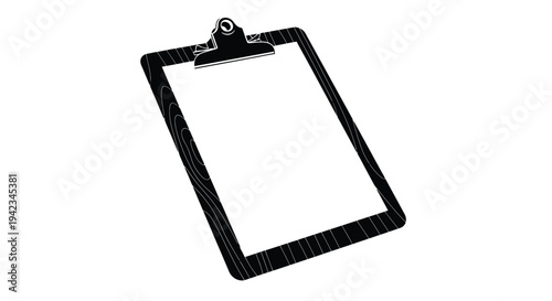 A black and white illustration of a clipboard with a metal clip
