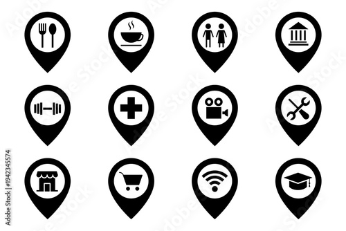 Map Pin Location Icons Set for Public Places with Restaurant, Cafe, Hospital, Shop and Navigation Symbols