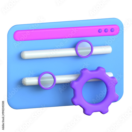 3D interface panel with sliders and a gear illustrating the fine-tuning of investment portfolios and financial management controls