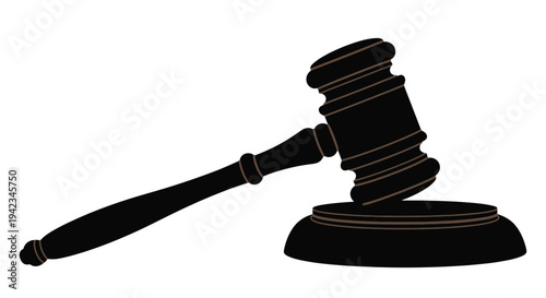 A black silhouette of a classic wooden gavel and sounding block