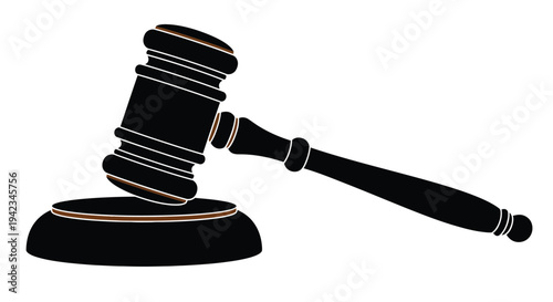 A black silhouette of a traditional wooden gavel and sounding block