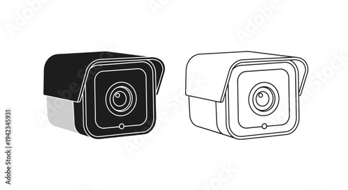 Two security cameras in black and white line art illustration