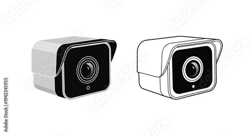 Two security cameras shown in a black and white vector illustration