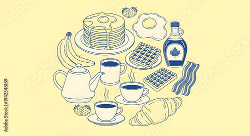 A vibrant illustration of a delicious breakfast spread on a yellow background