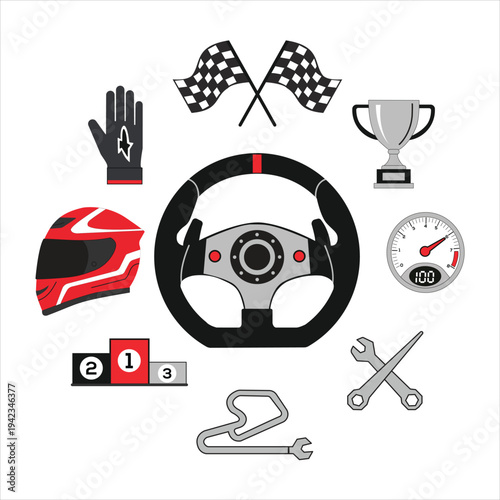 Motorsport Elements Collection: Racing Gear Steering Wheel Flags & Trophy Isolated on white background
