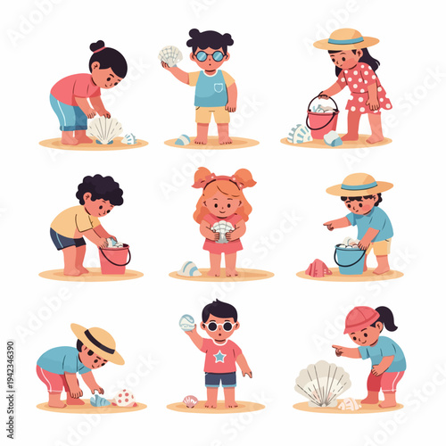 Set of flat cartoon illustrations of diverse children collecting and examining various seashells on the beach during summer holiday.