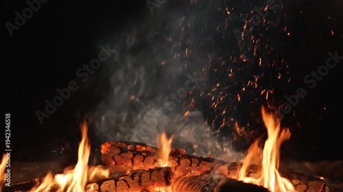 Burning logs create a warm and inviting campfire with glowing embers