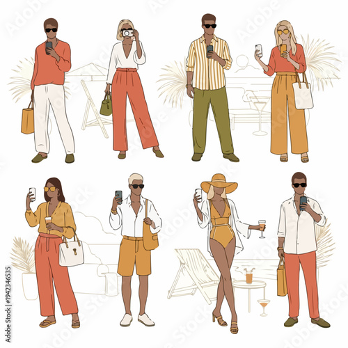 Diverse group of stylish travelers in summer outfits using smartphones and taking photos on vacation, flat vector illustration collection.