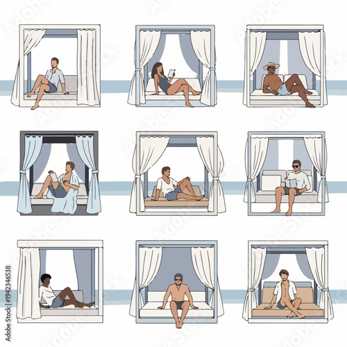 Minimalist illustration set of diverse people relaxing in beach cabanas and daybeds during a summer vacation at a luxury resort.