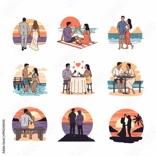 Set of vector illustrations featuring romantic couples on beach dates, sunset dinners, and tropical vacations with various romantic activities and scenic backgrounds.