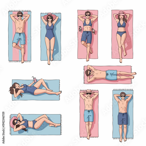 A flat vector illustration set of diverse men and women sunbathing on pink and blue beach towels in various relaxed poses isolated on white background