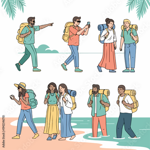 Illustration of diverse groups of young travelers with backpacks exploring a tropical beach destination together, walking, taking photos, and wading in the water.