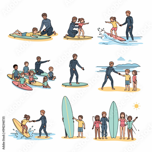 Vector illustration set of children and adults participating in surfing lessons, learning to surf on the beach and in the water.