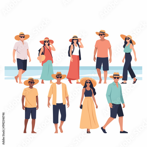 Diverse group of people in summer attire, wearing straw hats and sunglasses, walking along a beach, flat vector illustration.