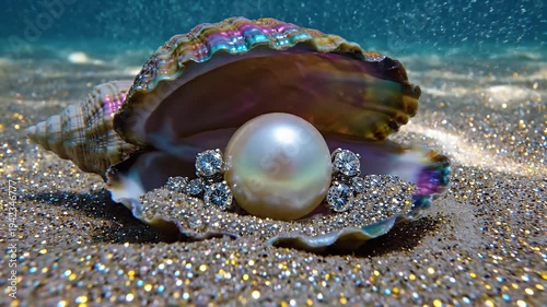 Iridescent Seashell Pearl and Diamonds - A large, iridescent seashell rests on sparkling sand underwater. Inside, a beautiful pearl is surrounded by glittering diamonds.
