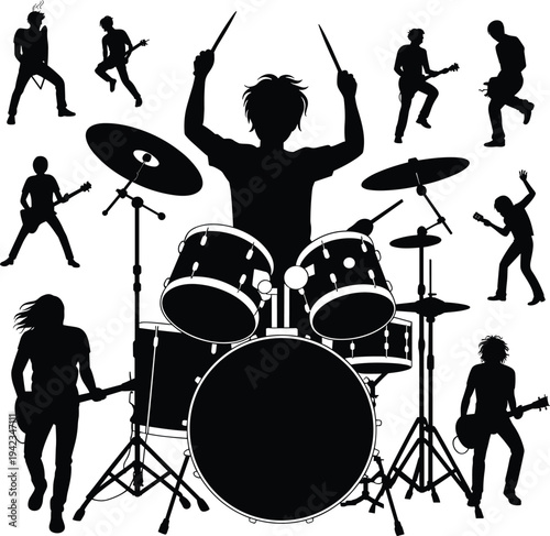 Silhouette of rock band musicians performing concert with drummer, guitarists and singers, energetic music performance vector illustration for festival, concert, and entertainment design