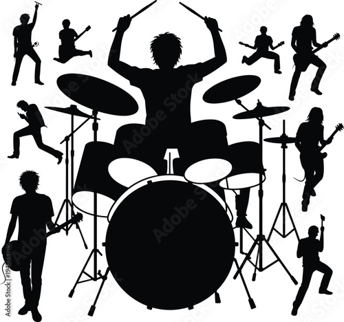 Silhouette of rock band performing on stage, drummer and guitarists playing music concert, energetic musicians illustration for entertainment and live performance design