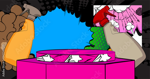 Comic Book Product podium stage for mockup presentation with Spray Bottle. Retro comics background.