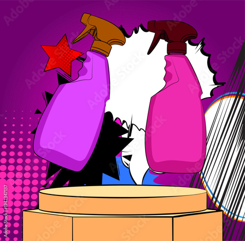 Comic Book Product podium stage for mockup presentation with Spray Bottle. Retro comics background.